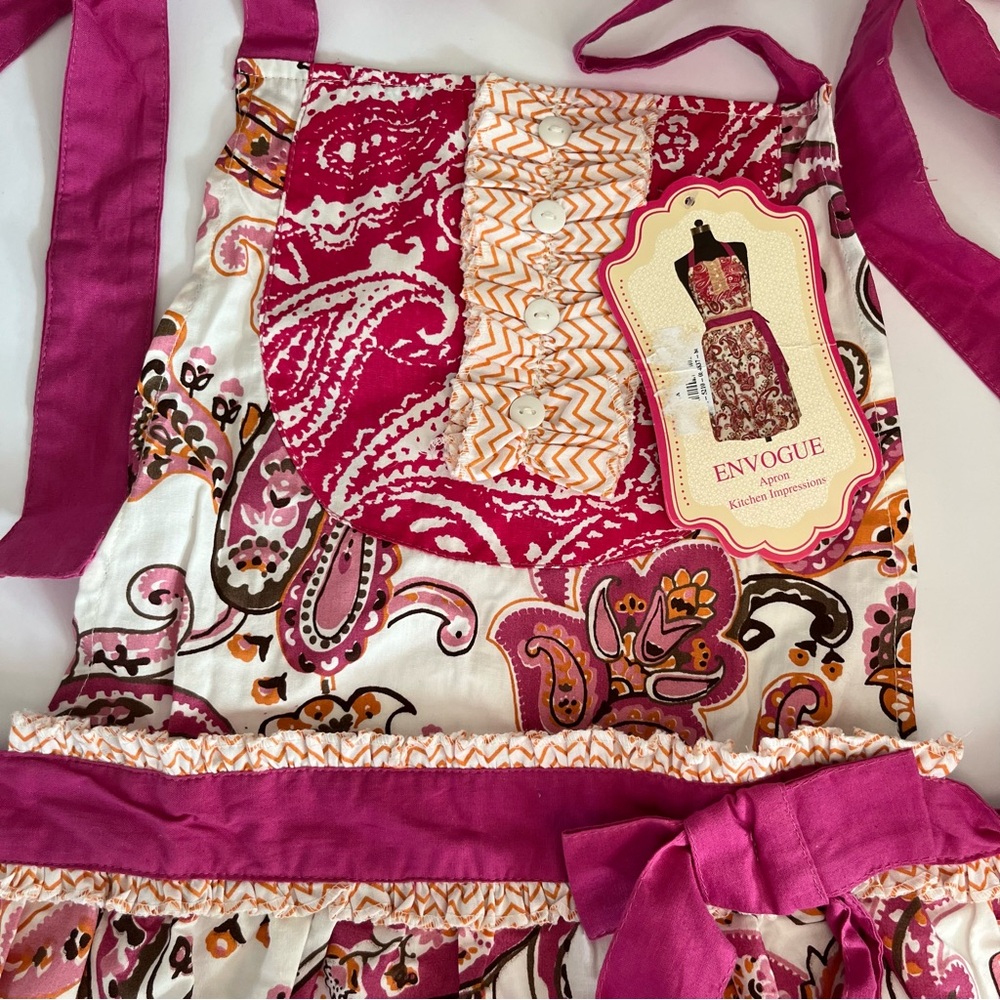 Simply ENVOGUE Full Apron Bib Cotton Paisley Pink Orange Kitchen Impressions NWT - Picture 4 of 11